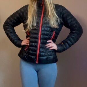 Black Women's Puffer Jacket with Red Accents